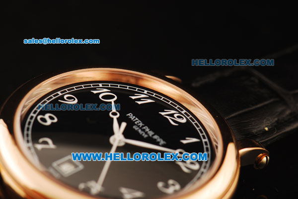Patek Philippe Automatic Movement Rose Gold Case with Black Dial and Black Leather Strap-ETA Coating Case - Click Image to Close